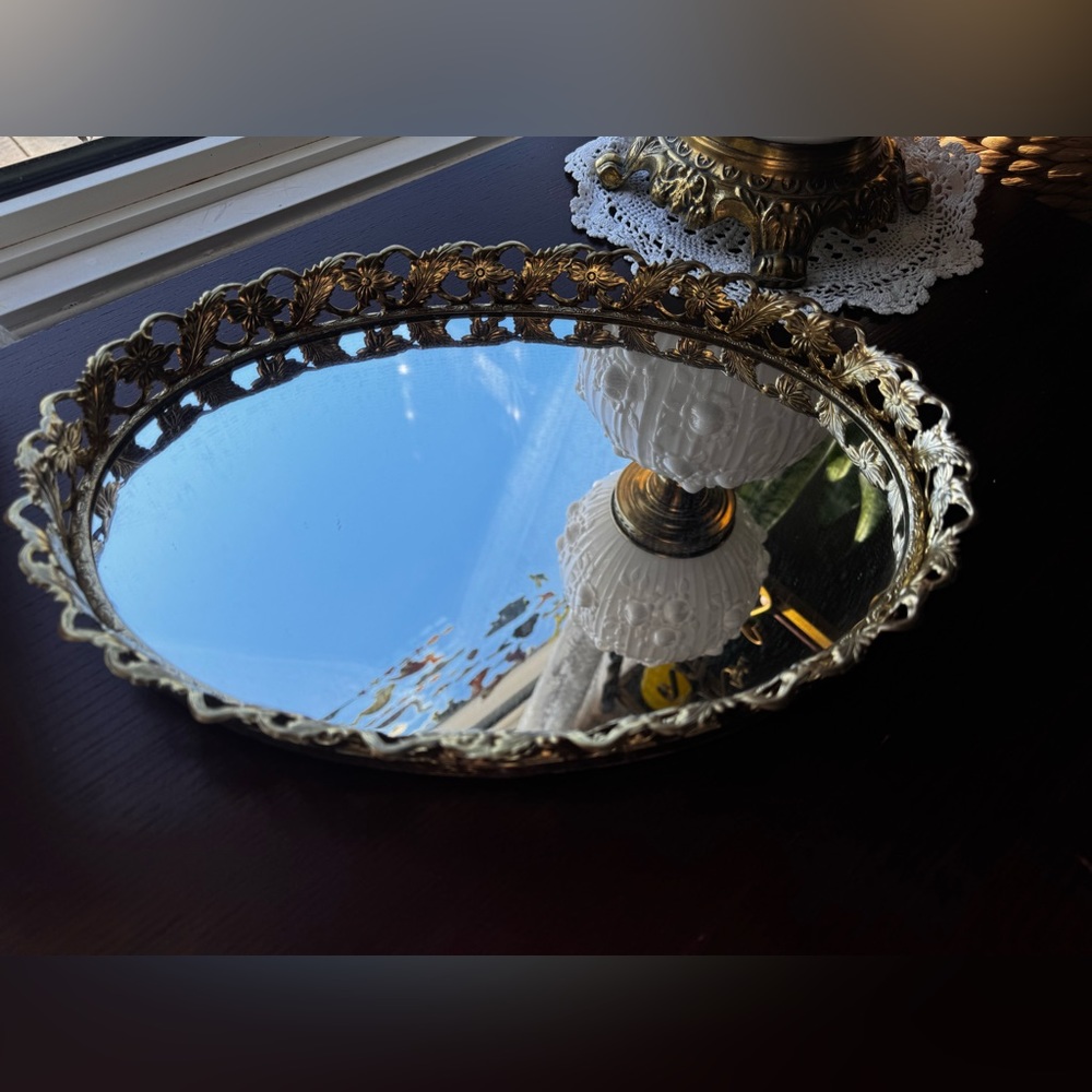 Vintage Vanity Mirror Tray, Gold Lace Vanity Tray, Hollywood Regency Vanity Tray